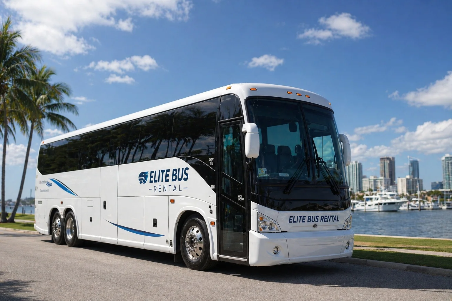 Elite Bus Rental USA modern charter bus fleet parked and ready for group transportation