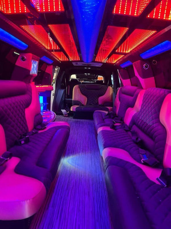 Limousine interior with mood lighting and mini-bar